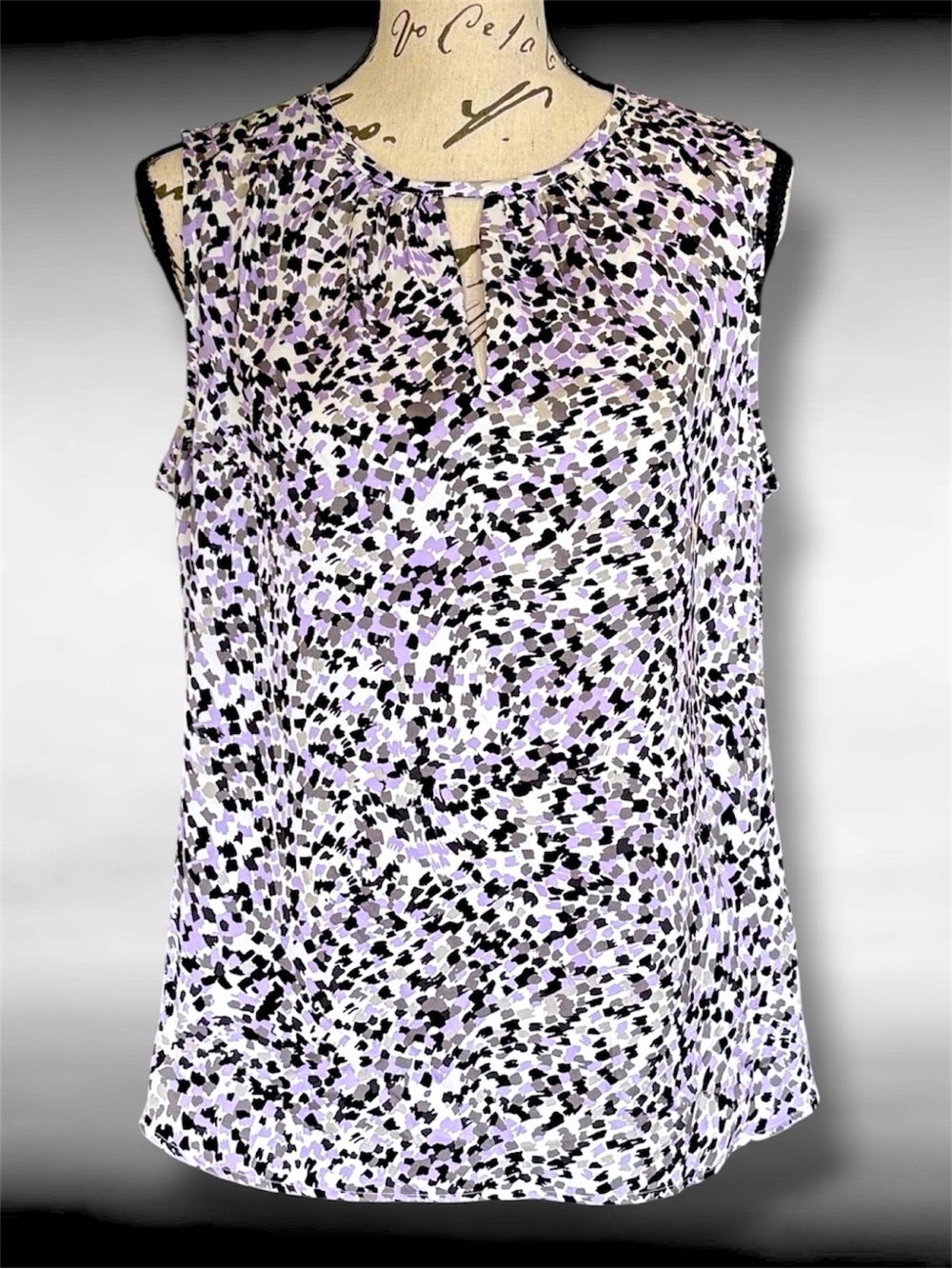 Women's Small Purple Black Abstract Kasper Sleeveless Keyhole Career Blouse NWT